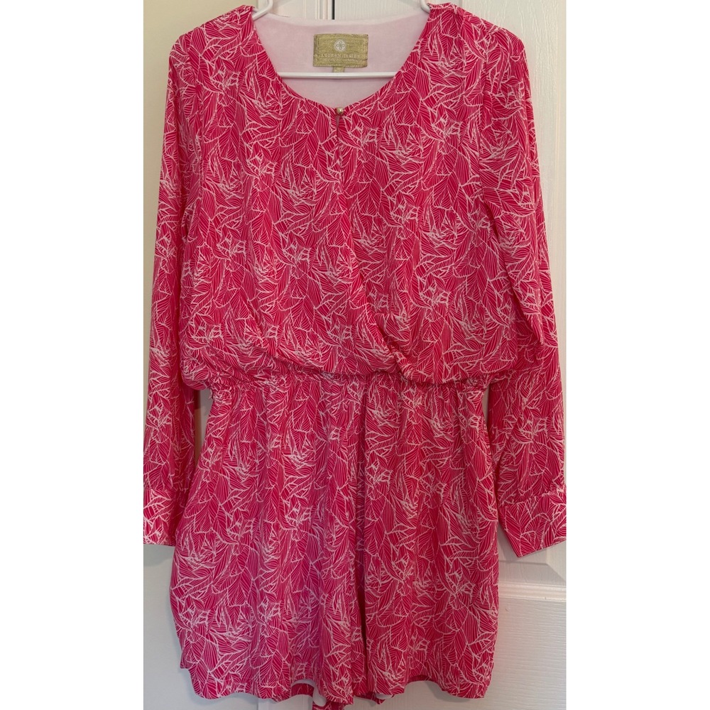 Lauren James Pink White Leaf Print Long Sleeve Romper  Gold Buttons